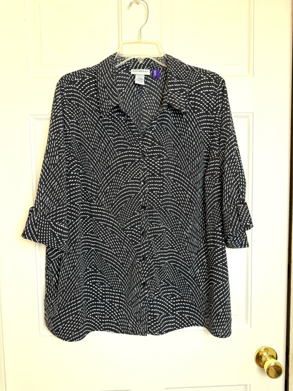 Catherines Black Blouse with White Dash Wave Print 1XWP Women’s Petite